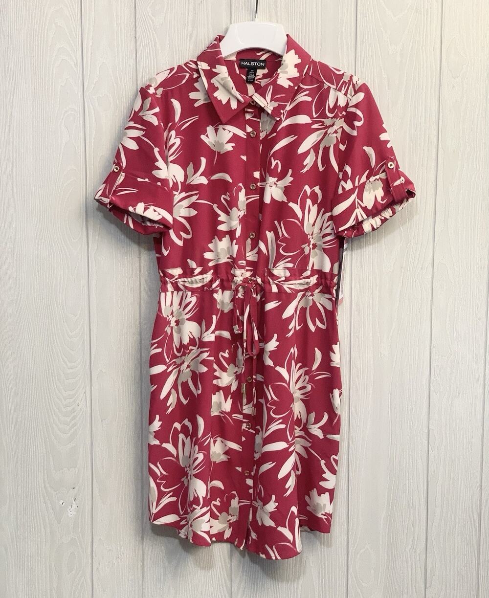Halston Pink White Floral Short Sleeve Dress Medium NWT